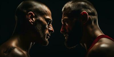 photoréaliste image de deux Masculin boxeurs visage à affronter. lutte, duel, kickboxing. ai généré photo