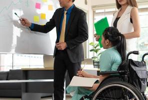 femme handicapée s'asseoir en fauteuil roulant discuter du projet avec un collègue photo