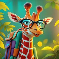 3d personnage pour un Animé enfants montrer. conception une amical et coloré anthropomorphe animal, comme une parlant girafe avec énorme des lunettes et une sac à dos plein de aventure fournitures, photo