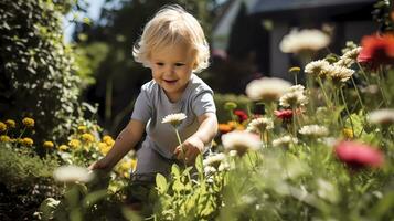 ai génératif peu garçon jardinage avec paysage plein de fleurs sur chaud ensoleillé journée. famille activité. jardinage et agriculture concept photo