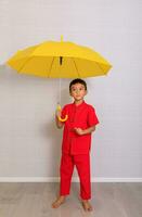 garçon mode portant une style chinois chemise en portant une Jaune parapluie pose pour une photo tirer.