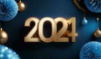 image de 2024 dans or avec bleu arrière-plan, Noël ornements, étoiles, et de fête humeur, ai généré photo
