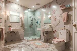 luxueux salle de bains avec élégant meubles et de bon goût décor. serein et spacieux vivant espace, pêche et poudre rose luxe intérieur conception floral Couleur toilette et douche avec lavabo.ai généré photo