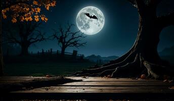 effrayant Halloween nuit avec plein lune, chauve souris, et arbre silhouette dans bleu et Orange et table pour visualisation produit, ai généré photo