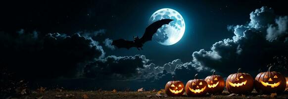 effrayant Halloween nuit avec une chauve souris en volant plus de Orange jack o lanternes et une plein lune, ai généré photo