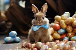 Pâques lapin avec panier et coloré des œufs. ai généré photo