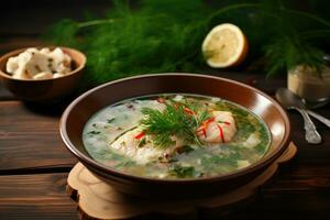 soupe avec poisson tranches et herbes. ai généré photo