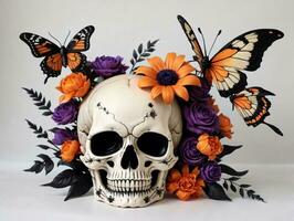 une crâne avec fleurs et papillons sur il. ai généré photo