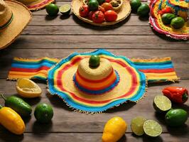 une table avec une variété de des fruits et Chapeaux. ai généré photo