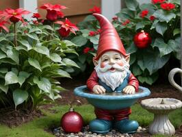 une gnome statue séance dans une bol de l'eau. ai généré photo