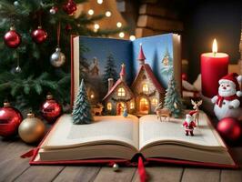 Noël livre avec une Noël scène et une Noël arbre. ai généré photo