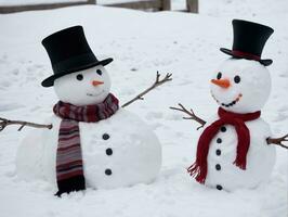 deux bonhommes de neige dans le neige. ai généré photo