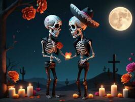 deux squelettes dans Halloween costumes permanent suivant à une cimetière. ai généré photo