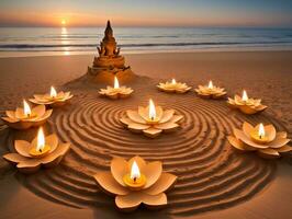 une groupe de bougies sur une plage avec une Bouddha statue dans le Contexte. ai généré photo