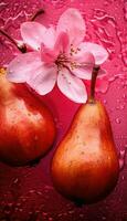 deux rouge poires peint dans métallique rose avec blanc fleurs. ai généré photo