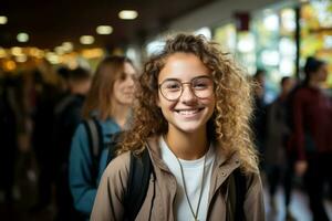 une étudiant fille avec des lunettes des promenades vers le bas le Université couloir. généré par ai photo