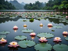 une étang rempli avec l'eau fleurs de lys et bougies. ai généré photo