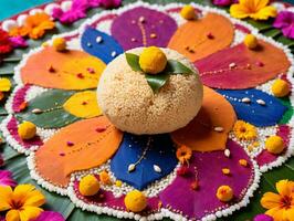 une assiette avec une fleur et une Balle de aliments. ai généré photo