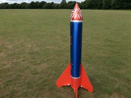 une rouge et bleu fusée séance sur Haut de une champ. ai généré photo