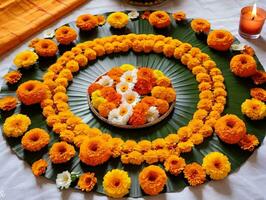 une assiette avec fleurs et une bougie sur il. ai généré photo