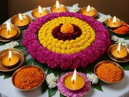 une fleur arrangement avec bougies et fleurs. ai généré photo