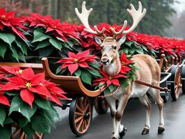 une renne tirant une Chariot de Noël fleurs. ai généré photo