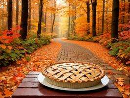 une tarte sur une assiette sur une banc dans le les bois. ai généré photo