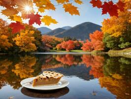 une assiette de nourriture séance sur une table dans de face de une lac. ai généré photo