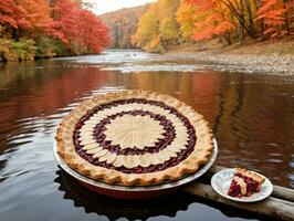 une tarte sur une en bois tableau. ai généré photo