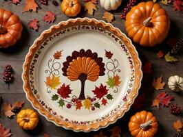 une assiette avec une arbre sur il entouré par tomber feuilles. ai généré photo