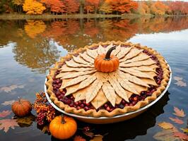 une tarte avec une citrouille sur Haut. ai généré photo