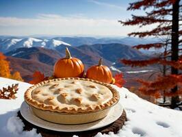 une tarte sur une assiette avec deux citrouilles. ai généré photo