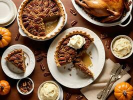 une table avec assiettes de tartes et citrouilles. ai généré photo