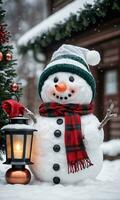 photo de Noël bonhomme de neige en portant une lanterne. ai généré