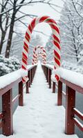 photo de Noël bonbons cannes décorer une neigeux pont. ai généré