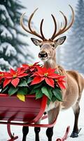 photo de Noël renne tirant une traîneau de poinsettia les plantes. ai généré