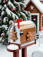 photo de Noël couvert de neige boites aux lettres rempli avec pain d'épice biscuits. ai généré