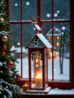 photo de Noël a la chandelle fenêtre avec une vue de une neigeux nichoir. ai généré