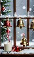 photo de Noël ornemental cloches sur une neigeux rebord de fenêtre à côté de une verre de lait. ai généré