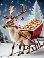 photo de Noël renne tirant une traîneau rempli avec hacher tartes. ai généré