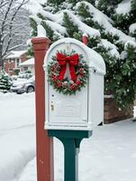 photo de Noël couvert de neige boites aux lettres avec une couronne sur Haut. ai généré