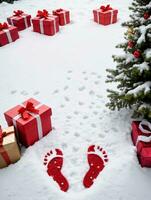 photo de Noël neigeux empreintes de premier plan à une pile de cadeaux. ai généré