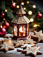 photo de Noël lanterne éclairant une chemin de pain d'épice biscuits. ai généré