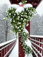 photo de Noël du gui pendaison de une neigeux pont. ai généré