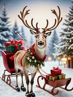 photo de Noël renne tirant une traîneau rempli avec ornements et cadeaux. ai généré