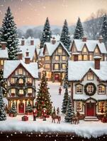 photo de Noël neigeux village avec une casse Noisette statue et du gui décorations. ai généré