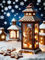 photo de Noël lanterne éclairant une chemin de pain d'épice biscuits et flocons de neige. ai généré