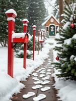 photo de Noël neigeux empreintes de premier plan à une boites aux lettres rempli avec de fête cartes et pin branches. ai généré