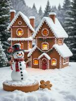 photo de Noël bonhomme de neige en portant une lanterne à côté de une pain d'épice maison dans une couvert de neige prairie. ai généré