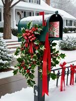 photo de Noël houx branches décorer une boites aux lettres rempli avec Noël cartes et rubans ensemble contre une toile de fond de une couvert de neige de face cour. ai généré